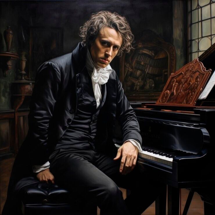 Frederic Chopin sits at the piano